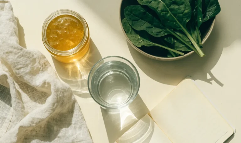 A calm still life of a small glass jar of golden sea moss gel, a bowl of leafy greens, a glass of water and an open notebook on a pale cream surface, illustrating sea moss benefits.