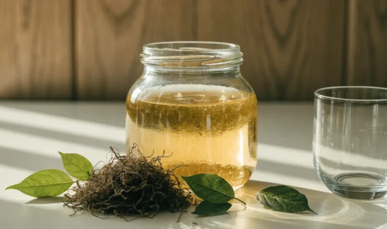A still life of a glass jar of golden sea moss gel, a small pile of dried wildcrafted sea moss and fresh green leaves on a pale cream surface, illustrating sea moss black seed oil.
