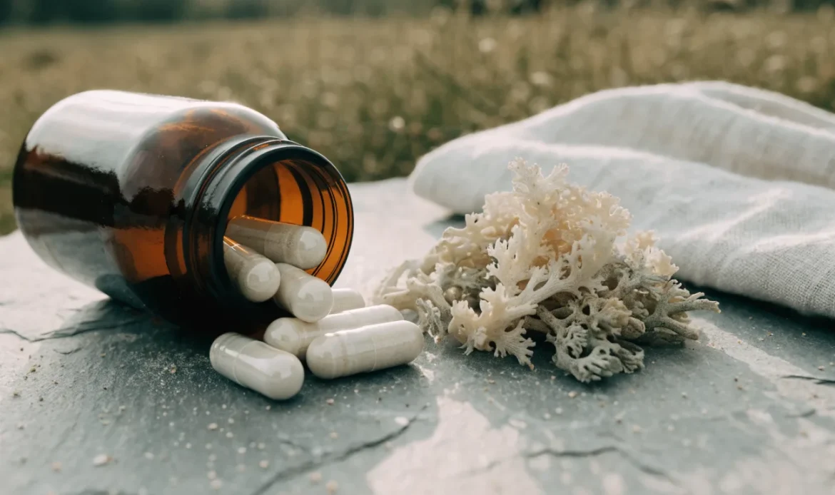An open amber glass bottle spilling plain white plant-based capsules beside a small pile of dried wildcrafted sea moss, illustrating sea moss capsules.
