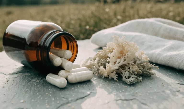 An open amber glass bottle spilling plain white plant-based capsules beside a small pile of dried wildcrafted sea moss, illustrating sea moss capsules.