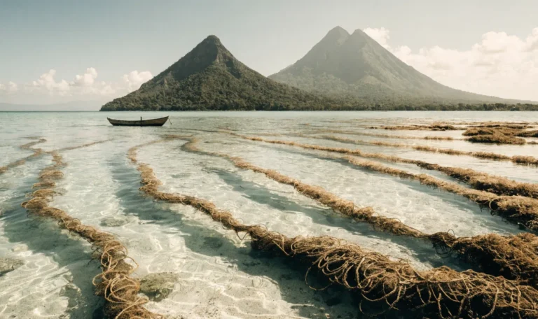 Turquoise Caribbean shallows with floating rope lines of wild sea moss, a small wooden boat, twin volcanic peaks and rainforest on the horizon, illustrating sea moss caribbean.