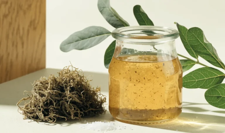 A still life of a glass jar of golden sea moss gel, a small pile of dried wildcrafted sea moss and fresh green leaves on a pale cream surface, illustrating sea moss com.