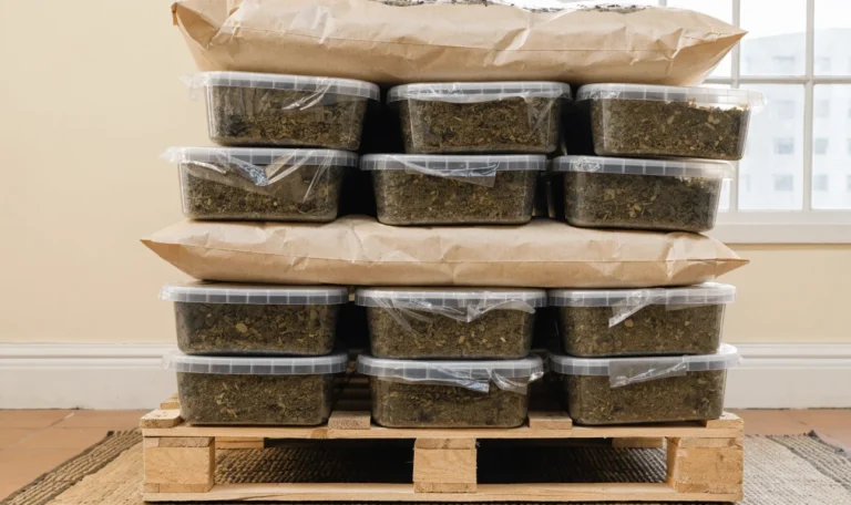 Stacked kraft sacks and sealed food-grade tubs of dried seaweed on a clean warehouse pallet, soft industrial daylight, illustrating sea moss companies.