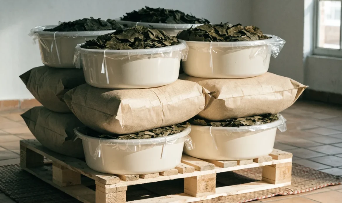 Stacked kraft sacks and sealed food-grade tubs of dried seaweed on a clean warehouse pallet, soft industrial daylight, illustrating sea moss distributor.