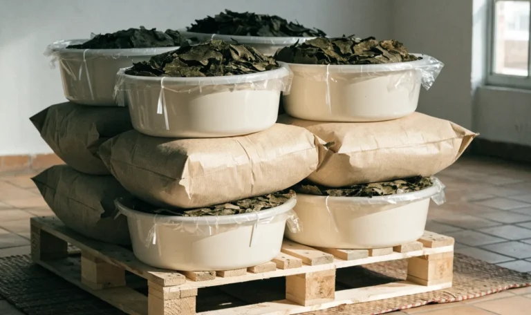 Stacked kraft sacks and sealed food-grade tubs of dried seaweed on a clean warehouse pallet, soft industrial daylight, illustrating sea moss distributor.