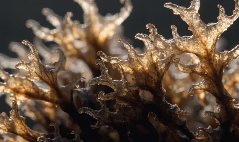 Close macro view of dried gold sea moss fronds showing their branched translucent structure