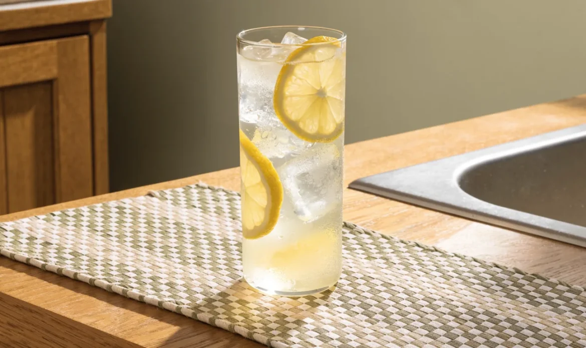 A tall glass of cloudy citrus drink over ice with lemon slices on a bright kitchen counter, illustrating sea moss drinks.