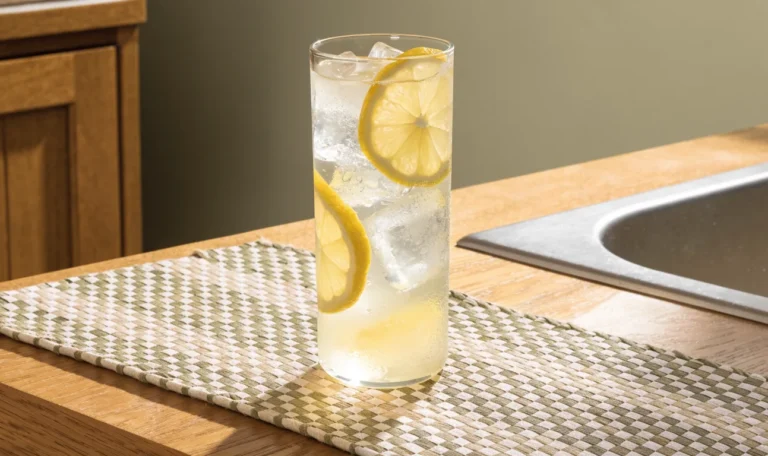 A tall glass of cloudy citrus drink over ice with lemon slices on a bright kitchen counter, illustrating sea moss drinks.