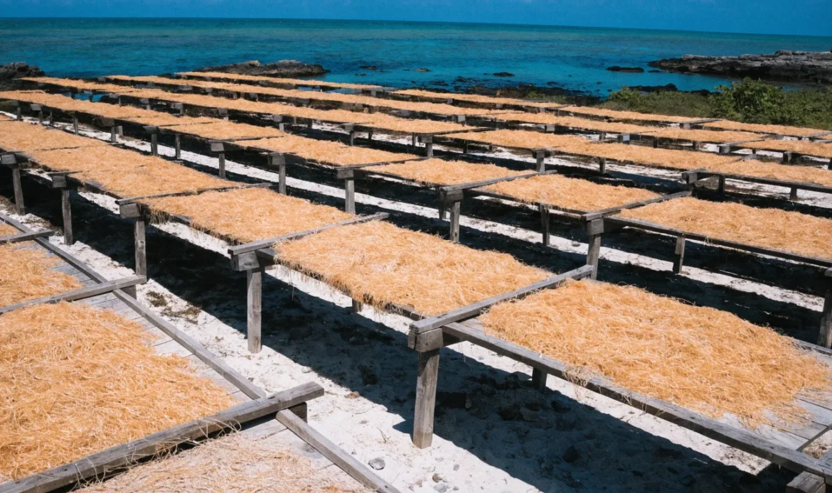 Dried sea moss spread across raised drying racks near a Caribbean shoreline