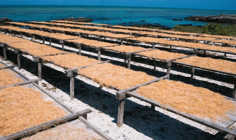 Dried sea moss spread across raised drying racks near a Caribbean shoreline