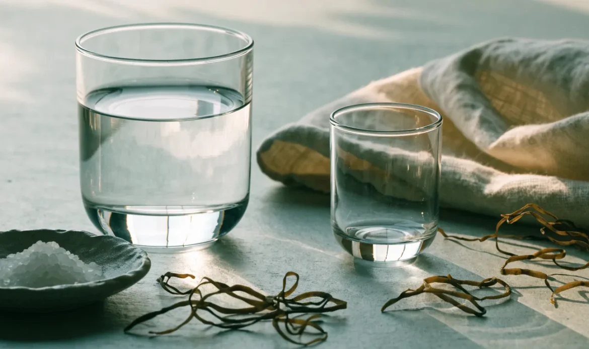 A glass of clear water with mineral salt crystals in a small dish and dried sea moss strands on a pale slate surface, illustrating sea moss electrolytes.