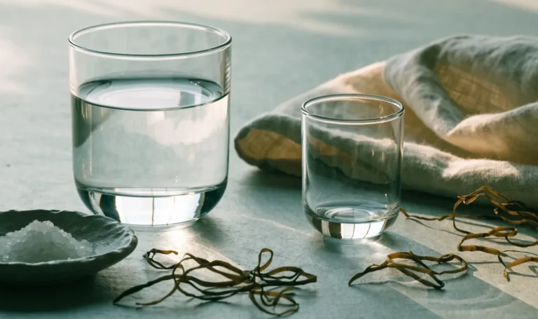 A glass of clear water with mineral salt crystals in a small dish and dried sea moss strands on a pale slate surface, illustrating sea moss electrolytes.
