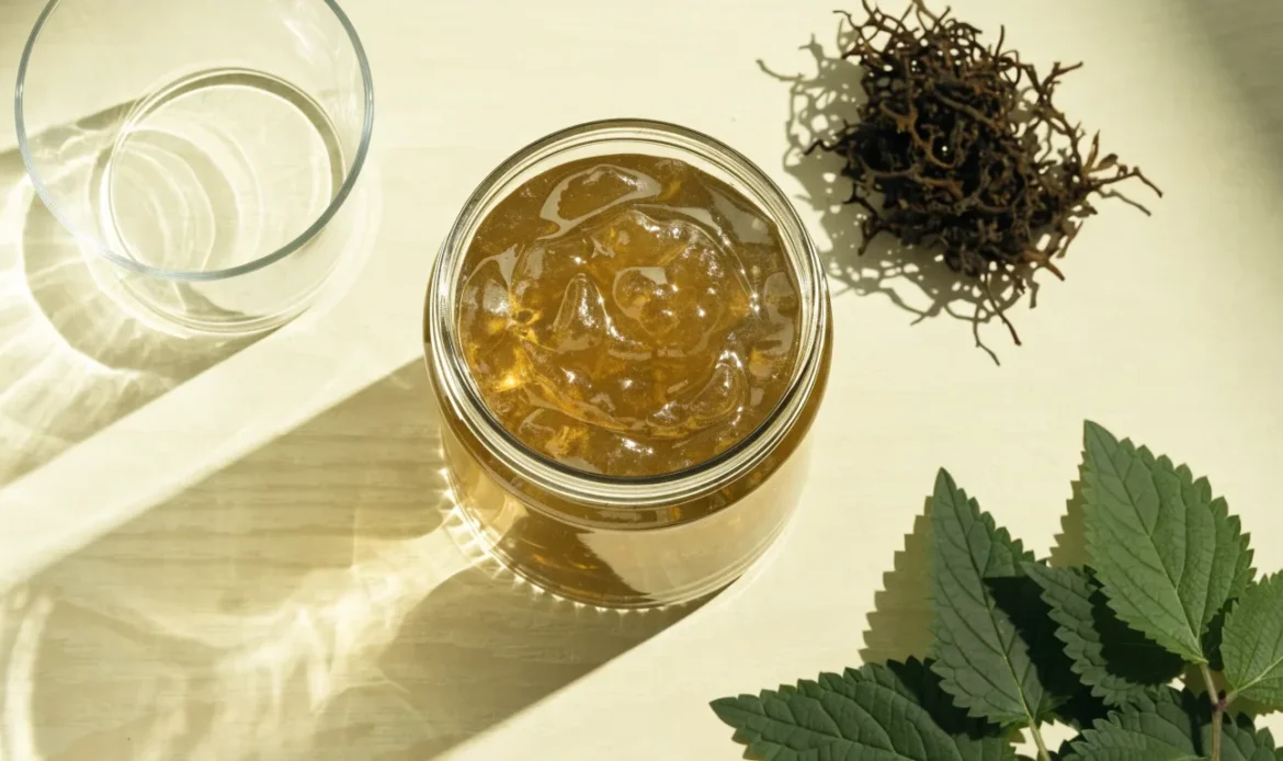 A still life of a glass jar of golden sea moss gel, a small pile of dried wildcrafted sea moss and fresh green leaves on a pale cream surface, illustrating sea moss en español.