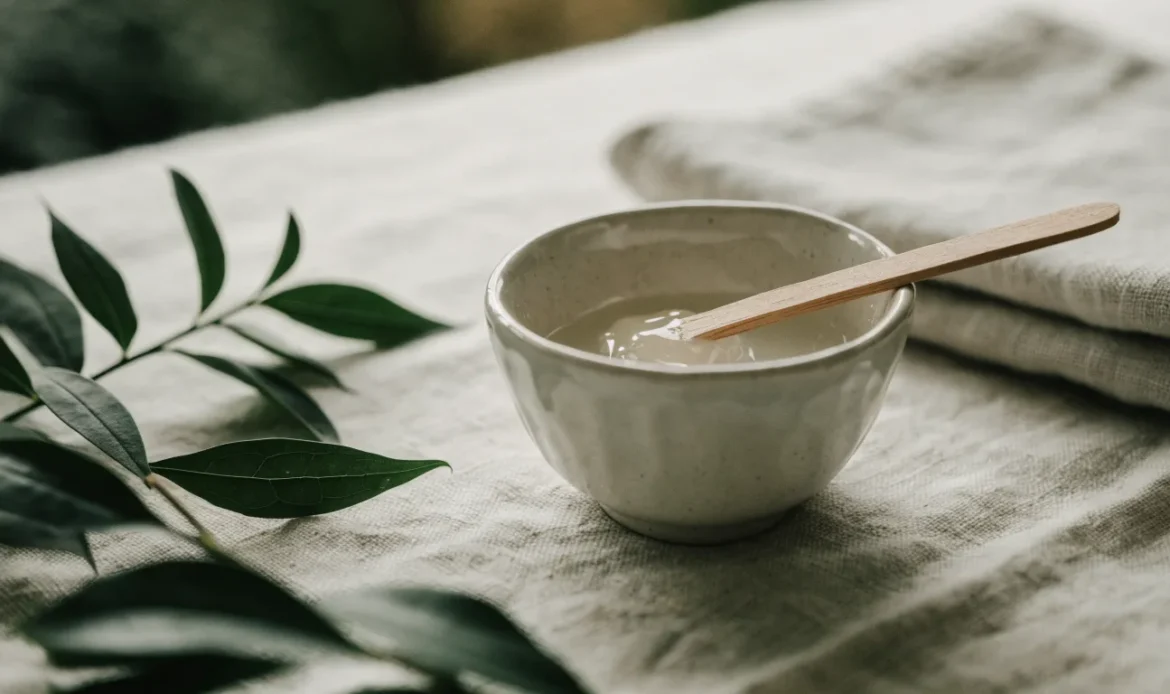 A small ceramic bowl of pale gel face mask with a wooden applicator on a linen cloth, fresh green leaves nearby, illustrating sea moss face mask.