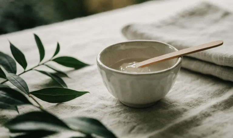 A small ceramic bowl of pale gel face mask with a wooden applicator on a linen cloth, fresh green leaves nearby, illustrating sea moss face mask.