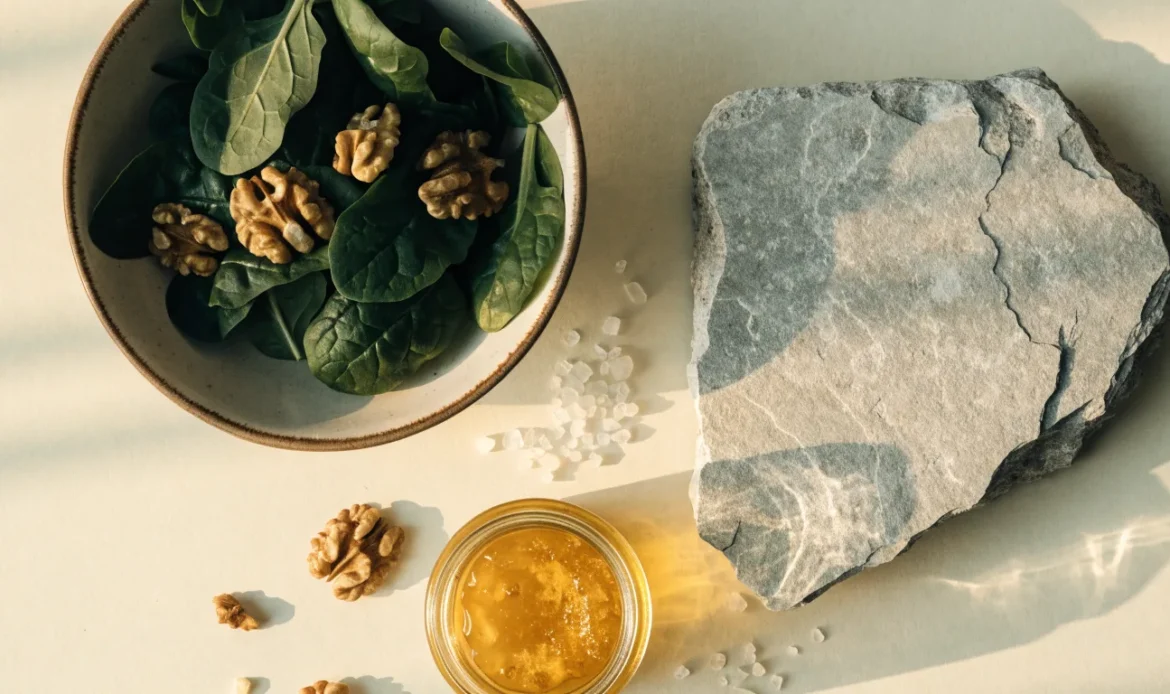 A bowl of leafy greens, walnuts and a small jar of golden sea moss gel arranged on a pale cream surface, soft daylight, illustrating sea moss for heart health.