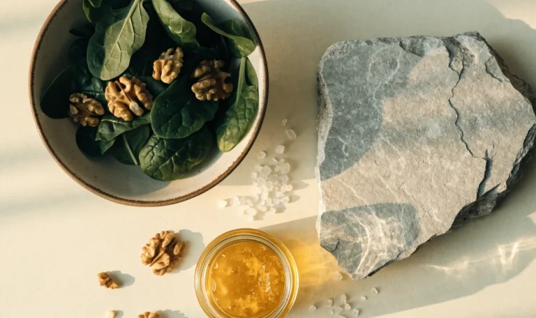 A bowl of leafy greens, walnuts and a small jar of golden sea moss gel arranged on a pale cream surface, soft daylight, illustrating sea moss for heart health.