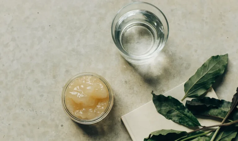 A clean flat lay of a small glass jar of sea moss gel, a notebook, a glass of water and fresh greens on a soft grey surface, illustrating sea moss for hormone balance.