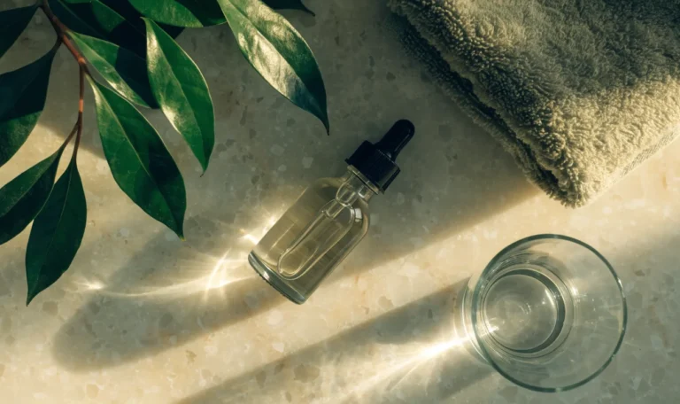 A close still life of a glass dropper bottle, a folded soft towel and fresh green leaves on a pale stone bathroom surface, illustrating sea moss for skin.