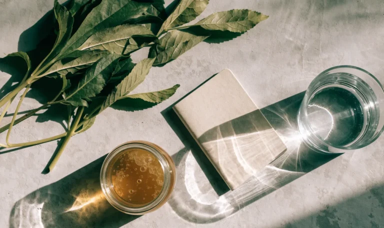 A clean flat lay of a small glass jar of sea moss gel, a notebook, a glass of water and fresh greens on a soft grey surface, illustrating sea moss for thyroid health.