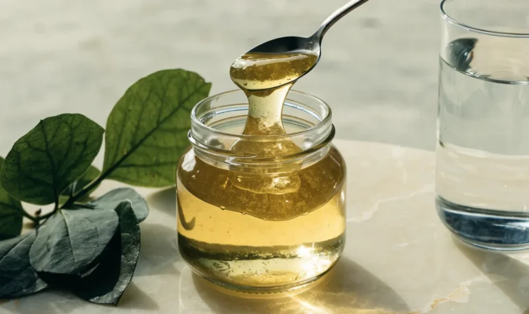 A clear glass jar of translucent golden sea moss gel with a spoon lifting a thick ribbon of it, fresh green leaves and a glass of water beside it, illustrating sea moss gel benefits.