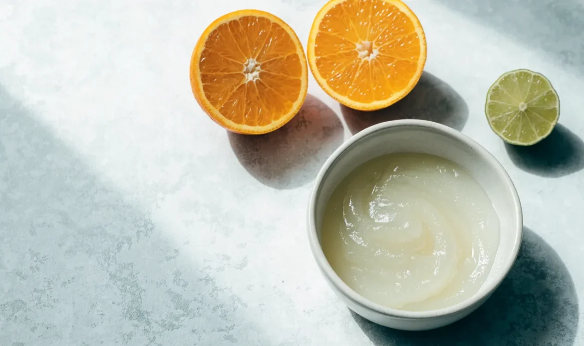 A bowl of pale sea moss gel beside sliced citrus on a pale stone surface, lit by soft daylight