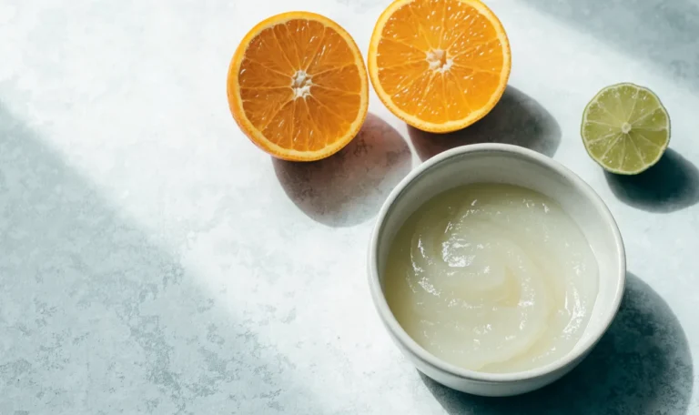 A bowl of pale sea moss gel beside sliced citrus on a pale stone surface, lit by soft daylight