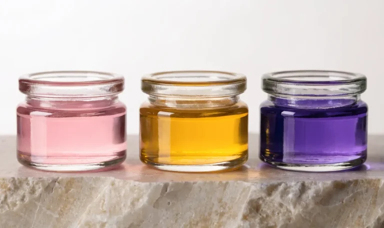 Three jars of fruit-flavoured sea moss gel in pink, gold and deep purple on a pale surface