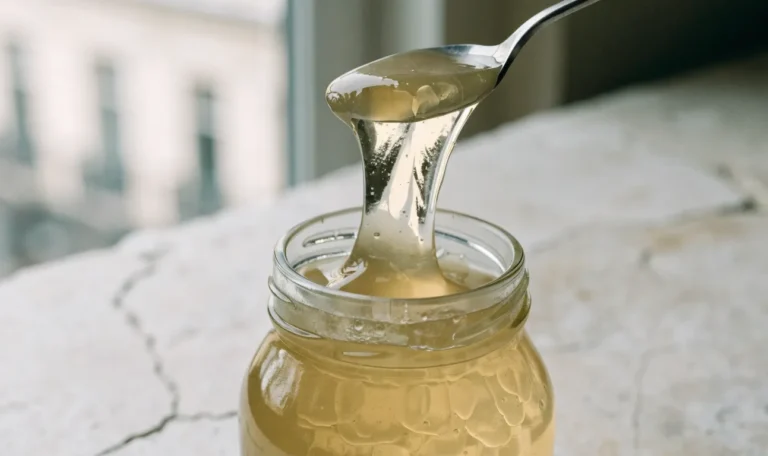 A glass jar of pale gold sea moss gel with a spoon lifting a thick ribbon of it