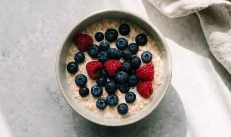 A bowl of overnight oats thickened with sea moss gel, topped with berries, on pale stone