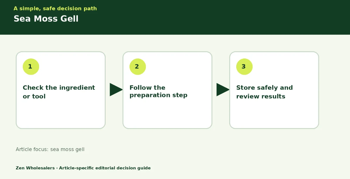 Decision guide diagram summarising sea moss gell in three steps for Zenwholesalers readers