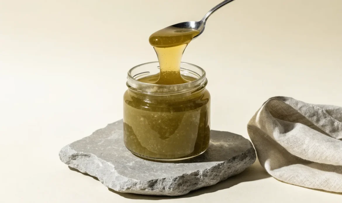 A clear glass jar of translucent golden sea moss gel with a spoon lifting a thick ribbon of it, cream backdrop, illustrating sea moss gell.