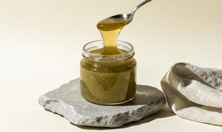 A clear glass jar of translucent golden sea moss gel with a spoon lifting a thick ribbon of it, cream backdrop, illustrating sea moss gell.