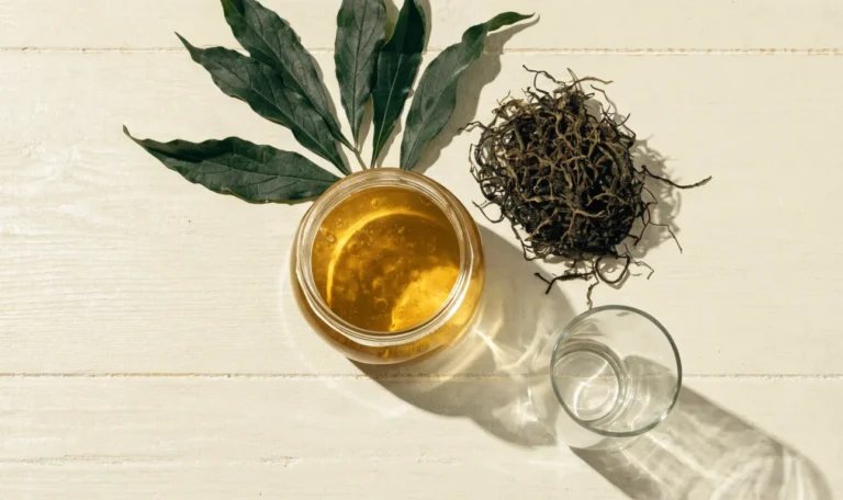 A still life of a glass jar of golden sea moss gel, a small pile of dried wildcrafted sea moss and fresh green leaves on a pale cream surface, illustrating sea moss good for you.