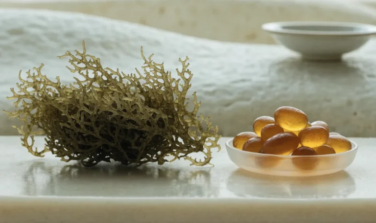 A small dish of translucent amber plant-based gummies beside a sprig of dried sea moss on a cream surface, illustrating sea moss gummies.