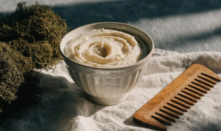 A ceramic bowl of thick pale gel with a wide-tooth wooden comb on a linen cloth, dried sea moss beside it, illustrating sea moss hair mask.