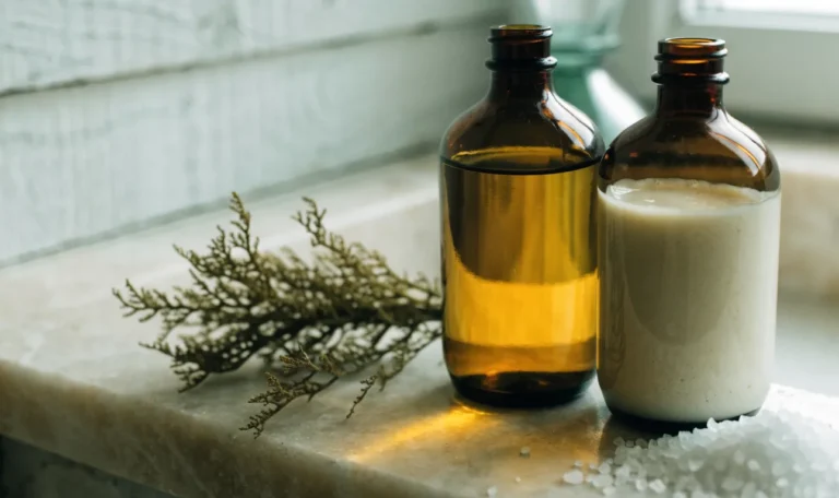 Unlabelled amber glass bottles of hair oil and cleanser on a pale stone bathroom shelf, a sprig of dried sea moss beside them, illustrating sea moss hair oil.
