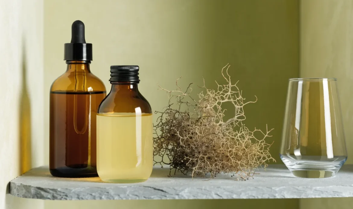 Unlabelled amber glass bottles of hair oil and cleanser on a pale stone bathroom shelf, a sprig of dried sea moss beside them, illustrating sea moss hair products.