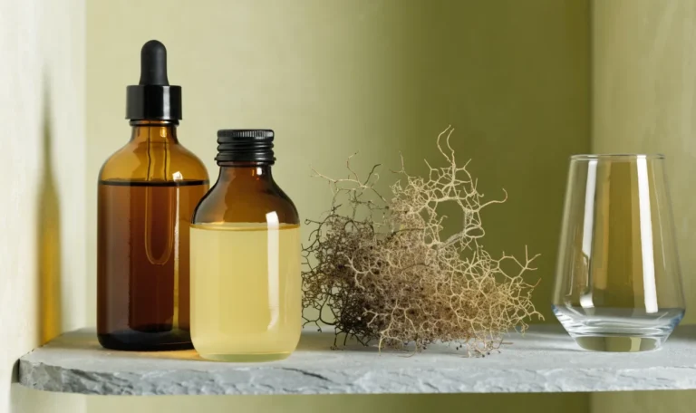 Unlabelled amber glass bottles of hair oil and cleanser on a pale stone bathroom shelf, a sprig of dried sea moss beside them, illustrating sea moss hair products.