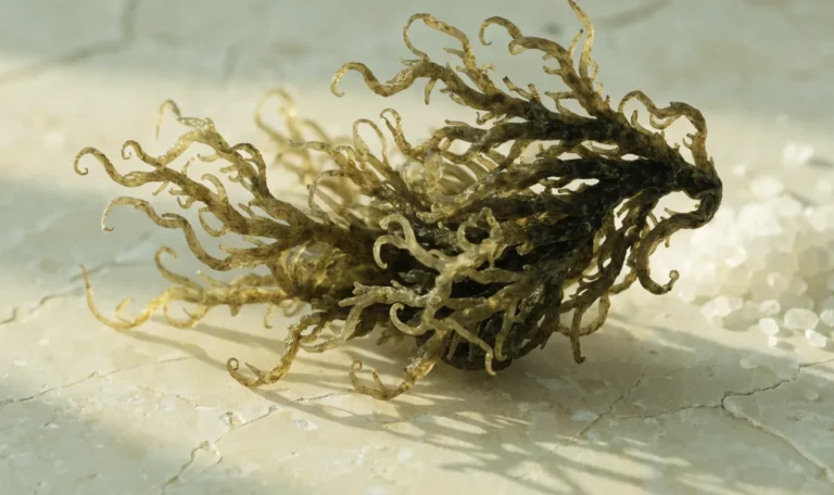 A single clean specimen of dried wildcrafted sea moss laid out on a pale cream stone surface showing its branching curled structure, illustrating what is sea moss.