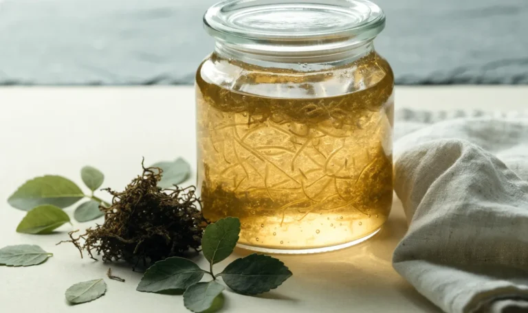A still life of a glass jar of golden sea moss gel, a small pile of dried wildcrafted sea moss and fresh green leaves on a pale cream surface, illustrating sea moss in spanish.