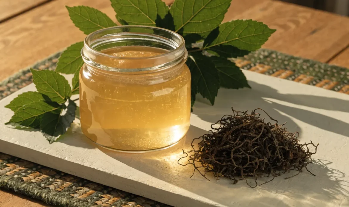 A still life of a glass jar of golden sea moss gel, a small pile of dried wildcrafted sea moss and fresh green leaves on a pale cream surface, illustrating sea moss ingredients.