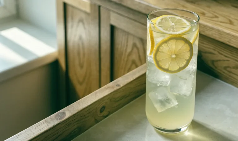 A tall glass of cloudy citrus drink over ice with lemon slices on a bright kitchen counter, illustrating sea moss juice.