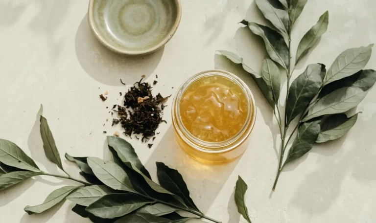 A still life of a glass jar of golden sea moss gel, a small pile of dried wildcrafted sea moss and fresh green leaves on a pale cream surface, illustrating sea moss jungle.
