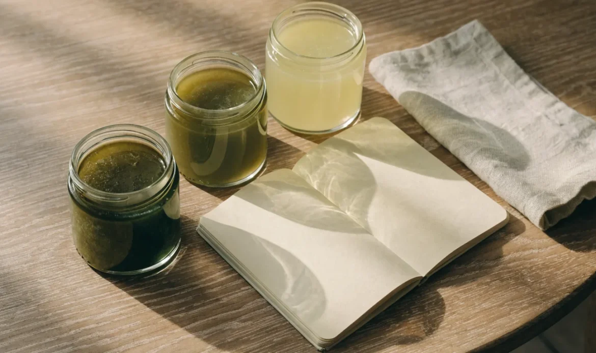 An unbranded flat lay comparing three plain glass jars of sea moss gel of different shades on a pale cream surface with a notebook, illustrating sea moss kulture.