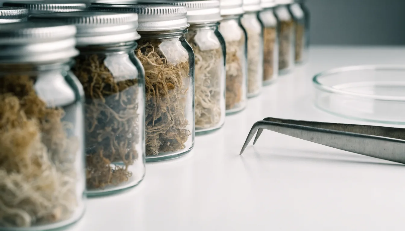 Small glass sample jars of dried sea moss lined up on a laboratory bench for batch testing