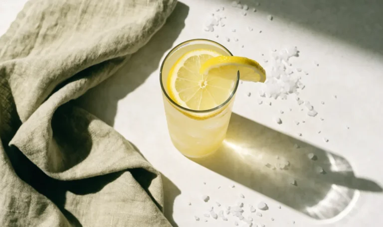 A tall glass of cloudy citrus drink over ice with lemon slices on a bright kitchen counter, illustrating sea moss lemonade.