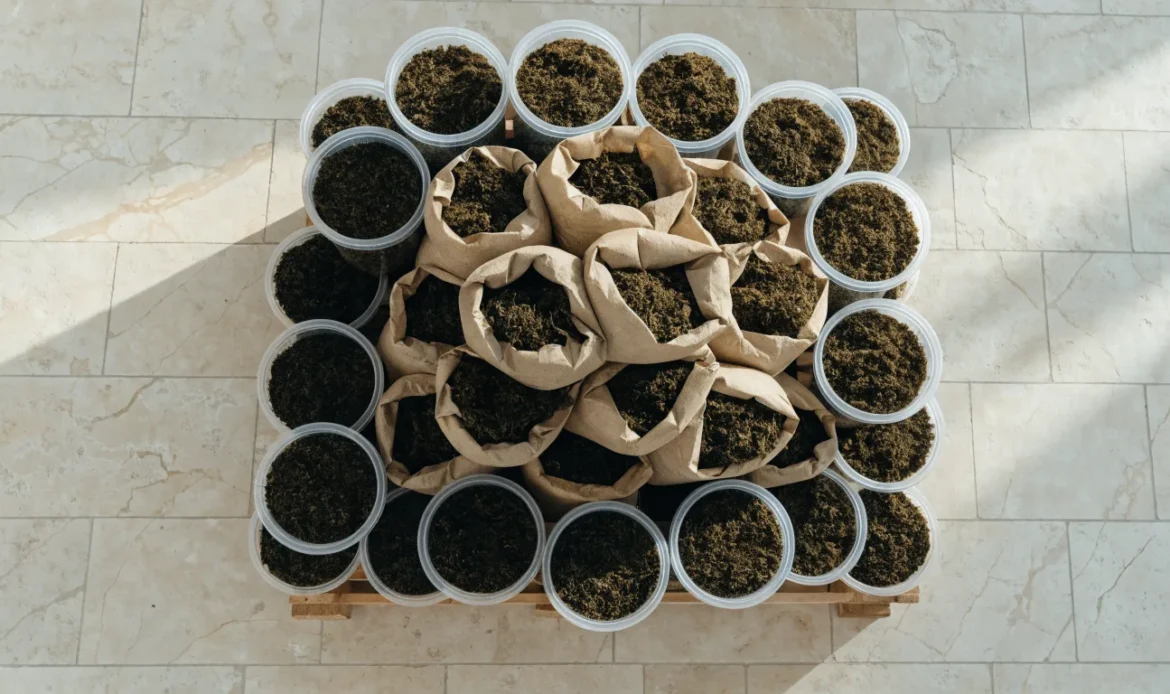Stacked kraft sacks and sealed food-grade tubs of dried seaweed on a clean warehouse pallet, soft industrial daylight, illustrating sea moss manufacturer.