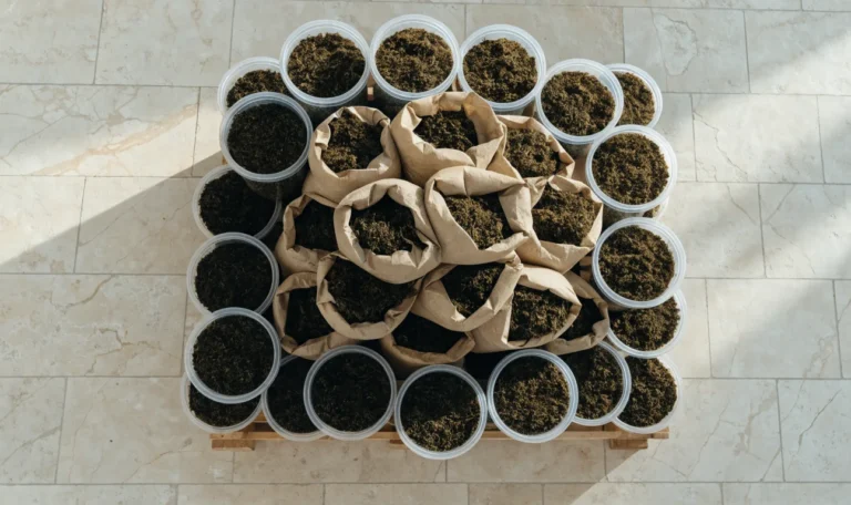 Stacked kraft sacks and sealed food-grade tubs of dried seaweed on a clean warehouse pallet, soft industrial daylight, illustrating sea moss manufacturer.
