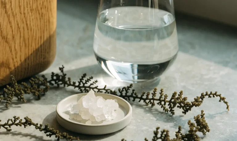 A glass of clear water with mineral salt crystals in a small dish and dried sea moss strands on a pale slate surface, illustrating sea moss minerals.